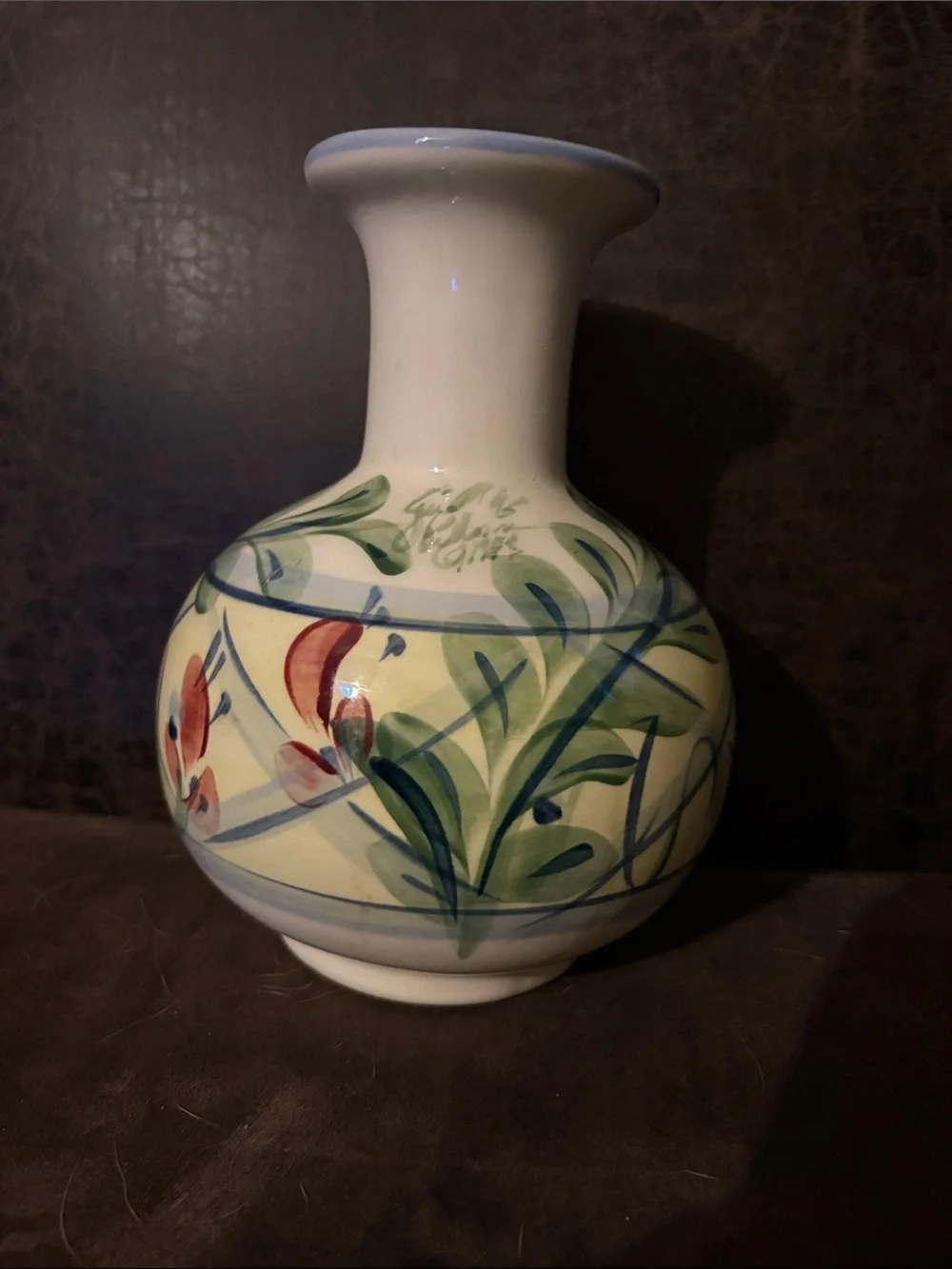 Gail Pittman Hand-Painted White Ceramic Floral Accent Vase with Blue Rim